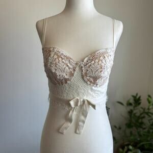 NWT For Love & Lemons S White Lace Wireless Bralette Satin Bow Lightly Lined